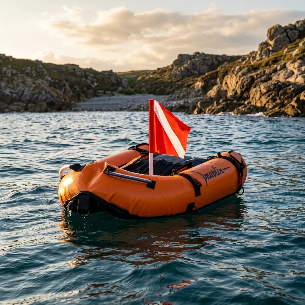 Boya Marlin OASIS tipo plancha para pesca submarina de infantería. Imagen fotorrealista generada por IA para SEO avanzado