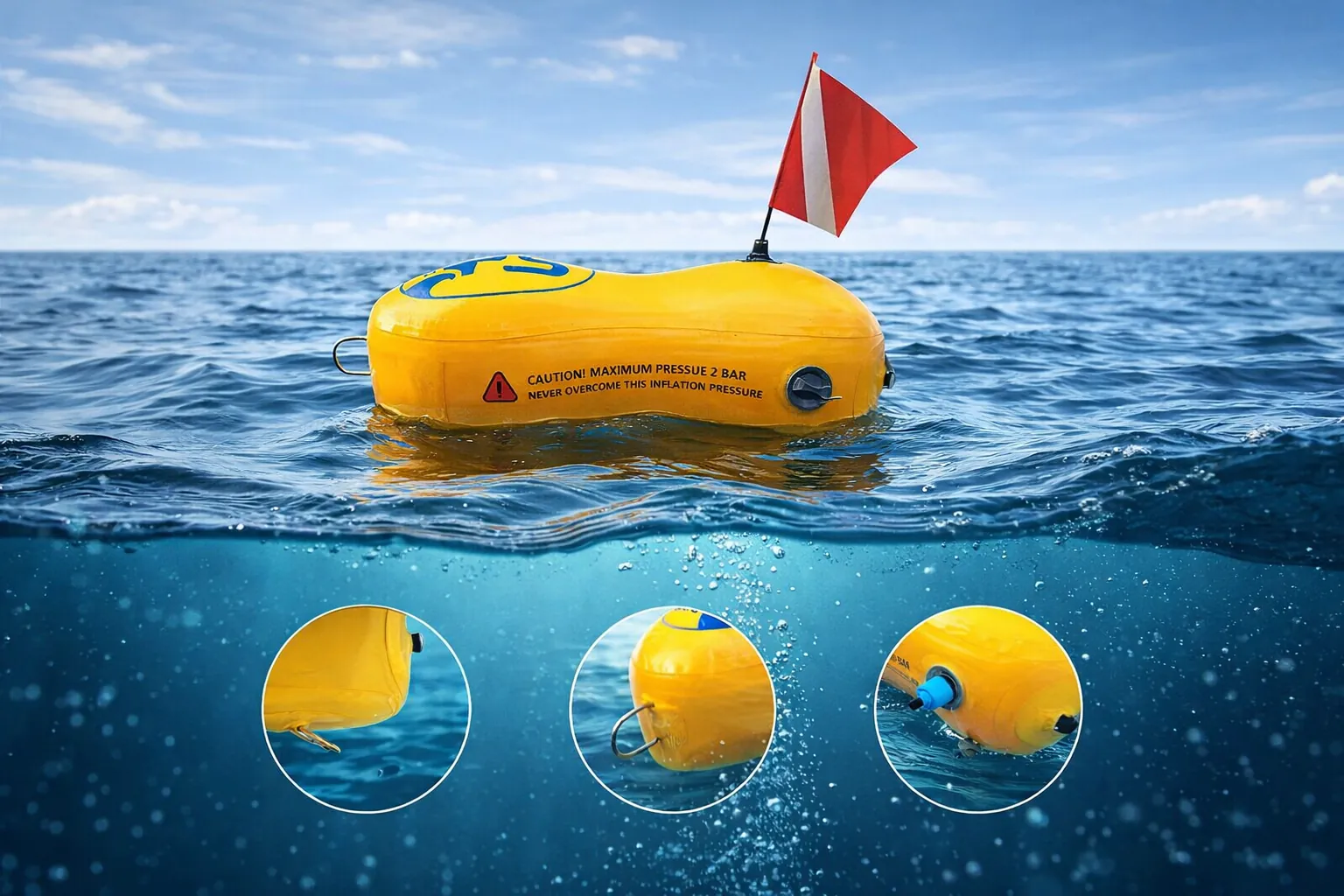 Boya Alta Presión Wahoo PS Dive para grandes pelágicos oceánicos flotando en aguas profundas
