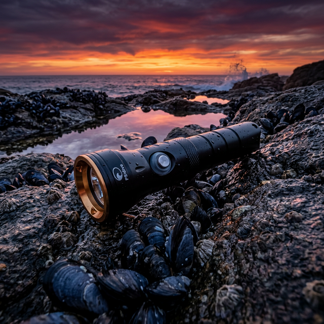 Linterna PS Dive SMALL 2000 sobre rocas con mejillones al atardecer