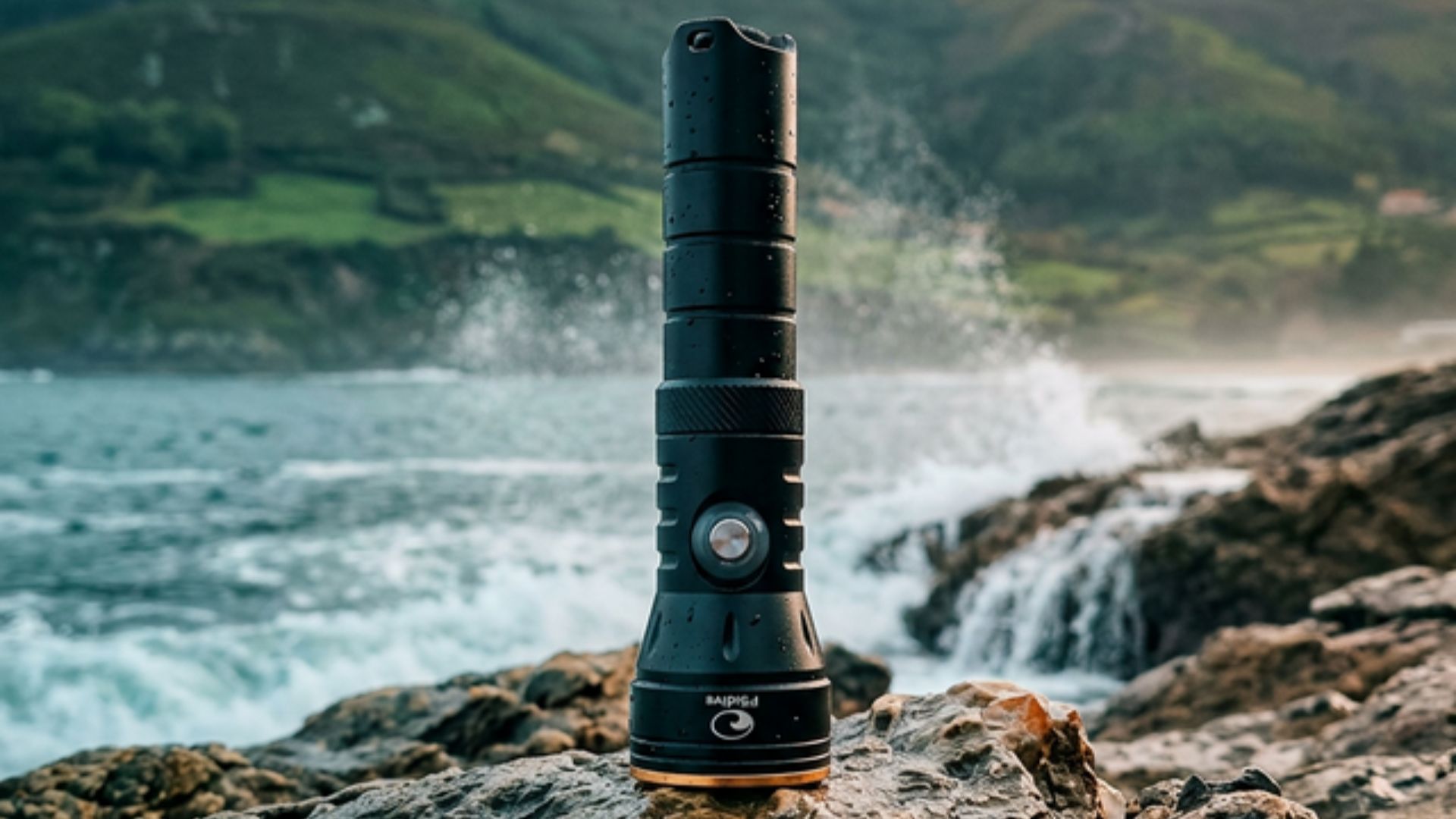Linterna PS Dive SMALL 2000 vertical sobre roca con mar de fondo