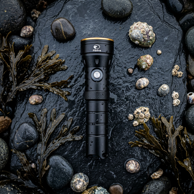 Flat lay de la linterna PS Dive SMALL 2000 con algas y piedras