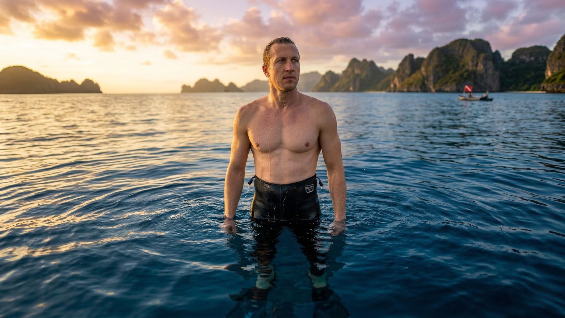 Apneísta luciendo el pantalón de cintura alta del traje durante el atardecer