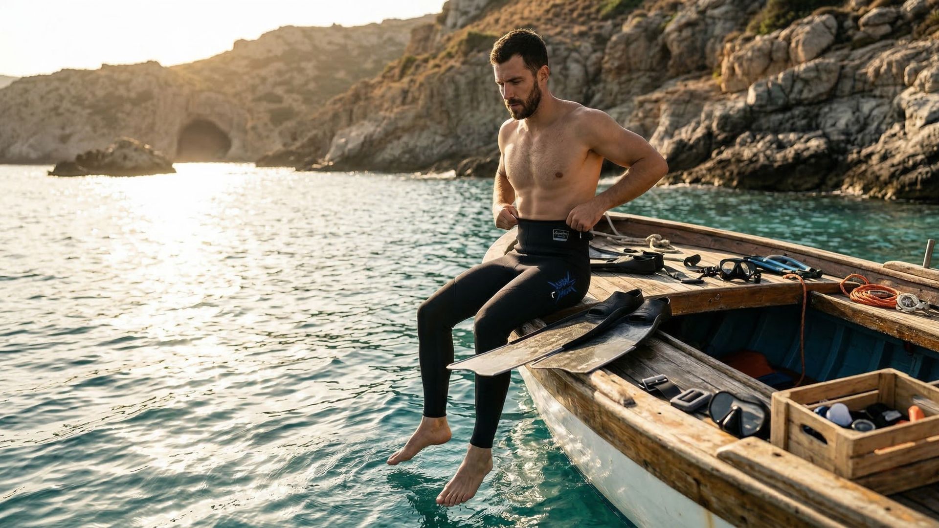 Apneísta preparándose y ajustando el pantalón sentado en la barca