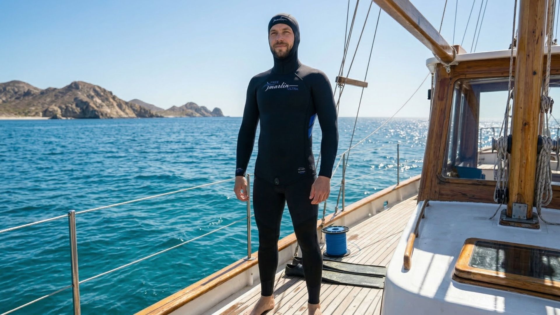 Apneísta equipado con el traje Marlin Ultra completo de pie sobre la embarcación