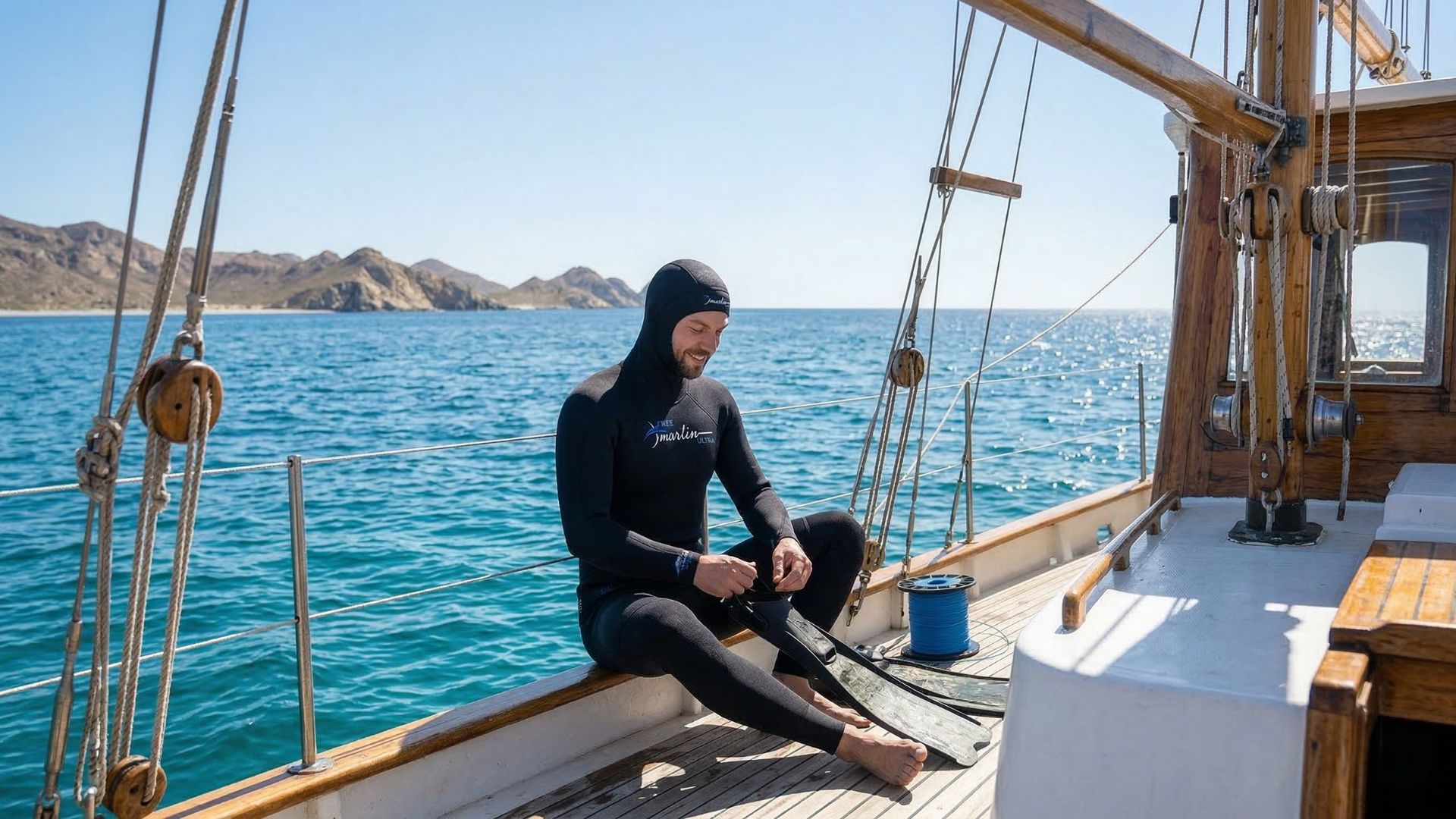 Apneísta ajustándose el traje Marlin Ultra a bordo de la embarcación antes de la inmersión