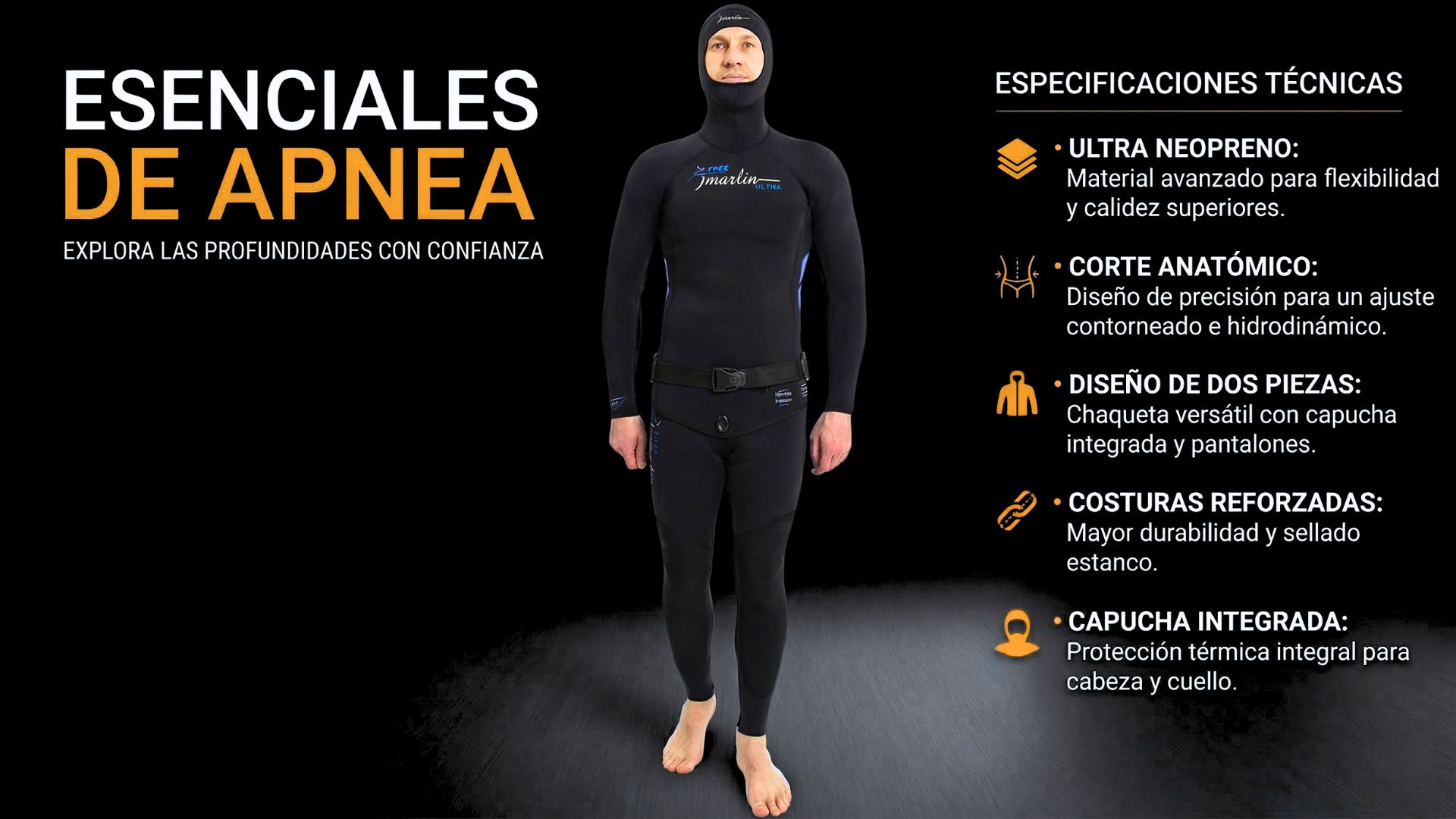 Especificaciones técnicas principales del neopreno Marlin Ultra mostrado a cuerpo entero
